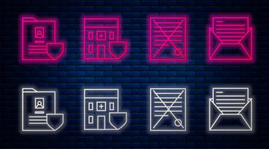 Tıbbi hastane binasını kalkanla donatın, dosya belgelerini silin, rozetli, e-postalı ve e-postalı belgeler. Tuğla duvarda parlayan neon simgesi. Vektör