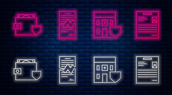 Set line Torn contract, Medical hospital building with shield, Wallet and money with shield and Personal document. Glowing neon icon on brick wall. Vector — 스톡 벡터