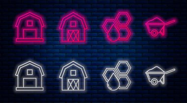 Çiftlik Evi konsepti, bal peteği, çiftlik evi konsepti ve çamurlu el arabası. Tuğla duvarda parlayan neon simgesi. Vektör