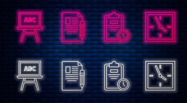 Sınav kağıdını ve kalemini silgiyle, sınav kağıdını saatle, yazı tahtasıyla ve saatle ayarla. Tuğla duvarda parlayan neon simgesi. Vektör