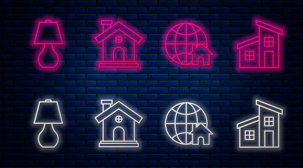 Set line House, Globe with house symbol, Table lamp and House. Glowing neon icon on brick wall. Vector — 스톡 벡터