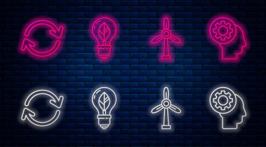 Ampulü yaprak, rüzgâr türbini, yenile ve insan kafasını teçhizatlı hale getir. Tuğla duvarda parlayan neon simgesi. Vektör