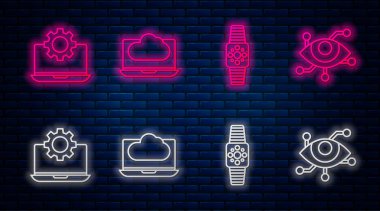 Hat Cloud teknoloji veri transferi ve depolama, Smartwatch, laptop ve teçhizat ve sanal gerçeklik. Tuğla duvarda parlayan neon simgesi. Vektör
