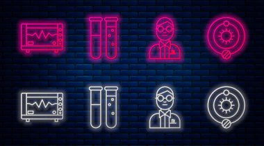 Hat test tüpünü, matara kimya laboratuvarını, bilim adamını, kardiyogram ve güneş sistemli bilgisayar monitörünü ayarla. Tuğla duvarda parlayan neon simgesi. Vektör