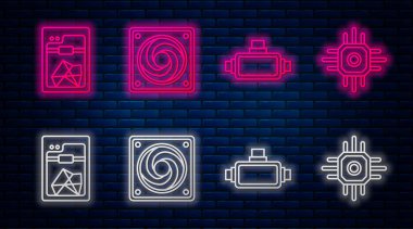 Bilgisayar soğutucusunu, sanal gerçeklik gözlüklerini, 3D yazıcıyı ve işlemciyi ayarla. Tuğla duvarda parlayan neon simgesi. Vektör