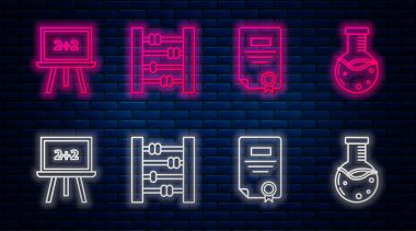 Sıra Abacus, Sertifika şablonu, Halka tahtası, test tüpü ve matara kimya laboratuvarı. Tuğla duvarda parlayan neon simgesi. Vektör