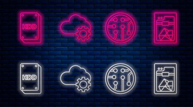Hat Cloud teknoloji veri transferi ve depolama, işlemci, sabit disk sürücüsü Hdd ve 3d yazıcı ayarla. Tuğla duvarda parlayan neon simgesi. Vektör