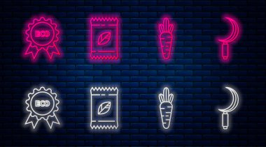 A satırı özel bir bitkinin tohumlarıyla doludur. Havuç, Banner, etiket, etiket, eko ve Sickle için logo. Tuğla duvarda parlayan neon simgesi. Vektör