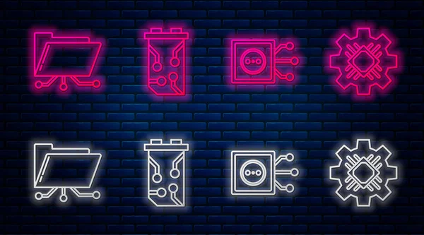 Set line Video graphic card, Remote control, Folder and lock and Processor. Glowing neon icon on brick wall. Vector — Stock Vector
