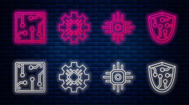Hat işlemcisini, işlemciyi, işlemciyi ve Siber güvenliği ayarlayın. Tuğla duvarda parlayan neon simgesi. Vektör