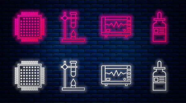 Set line Glazen reageerbuiskolf op kachel, computermonitor met cardiogram, processor en glazen fles met pipet. Gloeiend neon icoon op bakstenen muur. Vector — Stockvector