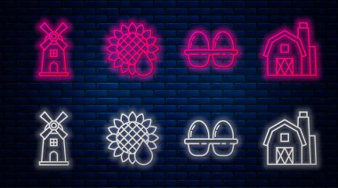Ayçiçeği, kutuda tavuk yumurtası, yel değirmeni ve çiftlik evi konsepti. Tuğla duvarda parlayan neon simgesi. Vektör