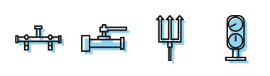 Neptün Trident, Manifold, endüstriyel metalik borular, valf ve ölçü simgesi ayarla. Vektör