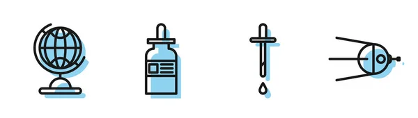 Set line Pipet, aardbol, glazen fles met pipet en satellieticoon. Vector — Stockvector