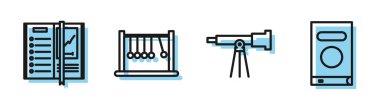 Teleskop, Not Defteri, Sarkacı ve Kitap simgesini ayarla. Vektör