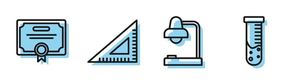 Set line Table lamp, Certificate template, Triangular ruler and Test tube and flask chemical laboratory icon. Vector — Stock Vector