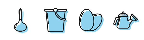 Establecer línea Huevo de pollo, Cebolla, Cubo y Riego icono de la lata. Vector — Vector de stock