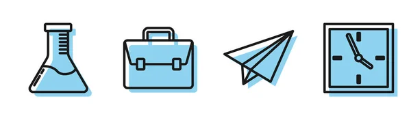 Definir linha Avião de papel, tubo de ensaio e frasco laboratório químico, Briefcase and Clock icon. Vetor — Vetor de Stock