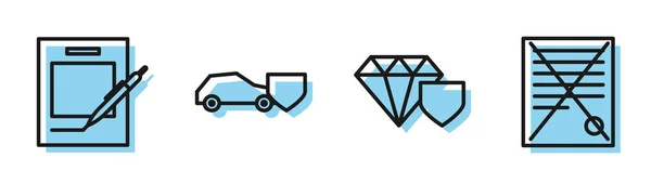 Set lijn Diamond met schild, Blanco notitieboek en pen, Auto met schild en Delete bestand document pictogram. Vector — Stockvector