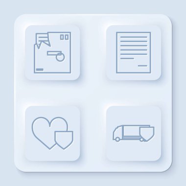 Sabit hat sipariş edilmiş zarf, belge, kalkanlı kalp ve kalkanlı kargo kamyonu. Beyaz kare düğme. Vektör