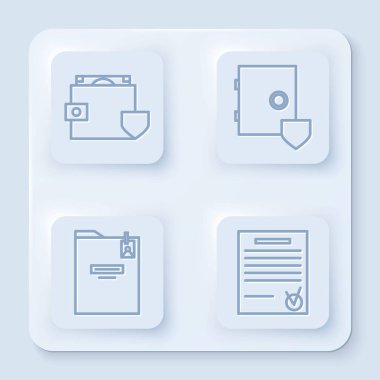 Hat, cüzdan ve para kalkan, kalkan, kişisel klasör ve onaylanmış belge ile işaretli olsun. Beyaz kare düğme. Vektör