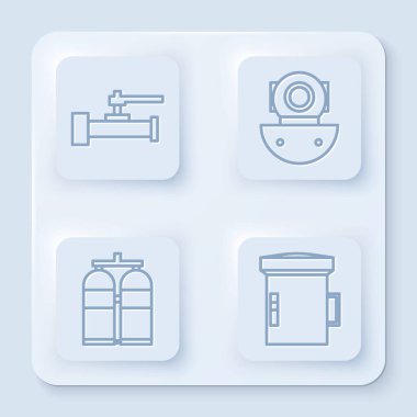 Aqualung, Aqualung, Aqualung ve Büyük el fenerlerini dalgıçlar için ayarla. Beyaz kare düğme. Vektör