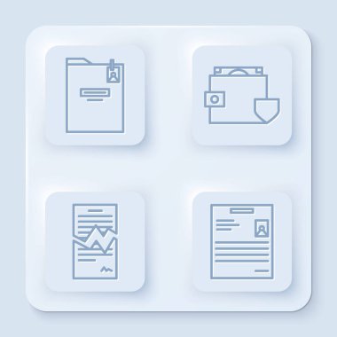 Kişisel klasör, cüzdan ve para ile rozet, Yırtık sözleşme ve kişisel belge ayarlayın. Beyaz kare düğme. Vektör