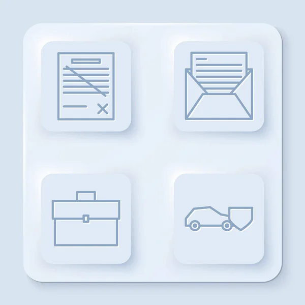 Set line Verwijder bestand document, Mail en e-mail, Briefcase en auto met schild. Witte vierkante knop. Vector — Stockvector