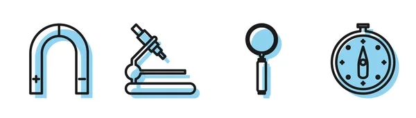 Serie linea lente d'ingrandimento, magnete, microscopio e bussola icona. Vettore — Vettoriale Stock