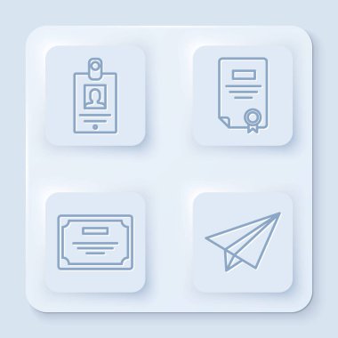 Çizgi kimlik kartı, sertifika şablonu, sertifika şablonu ve kağıt uçak ayarlayın. Beyaz kare düğme. Vektör