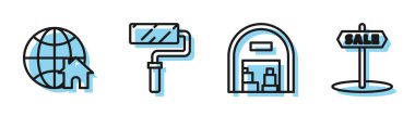 Depo, Globe ve ev sembolü, boya fırçası ve metin satışı simgesi. Vektör