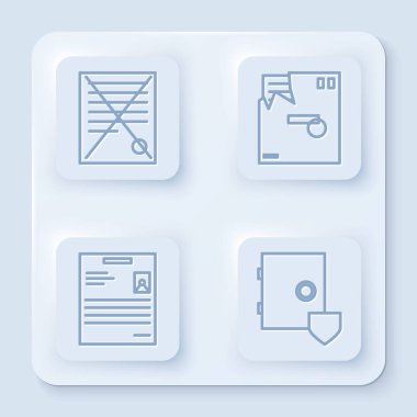 Dosya silme belgesini, sipariş edilmiş zarfı, kişisel belgeyi ve kalkanlı kasayı ayarla. Beyaz kare düğme. Vektör