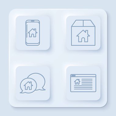 Akıllı evi olan bir cep telefonu, evi olan bir karton kutu konuşma baloncuğu içinde bir ev ve internetteki satışta asılı bir tabela ayarla. Beyaz kare düğme. Vektör