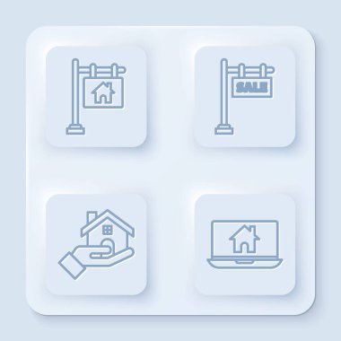 Satır Asma tabelasını metin satışı, asma tabelasını metin satışı, emlakçı, dizüstü bilgisayar ve akıllı ev ile ayarla. Beyaz kare düğme. Vektör