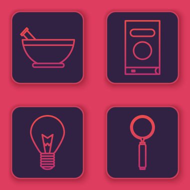 Havan topu ve tokmak, fikir kavramına sahip ampul, kitap ve büyüteç. Mavi kare düğme. Vektör