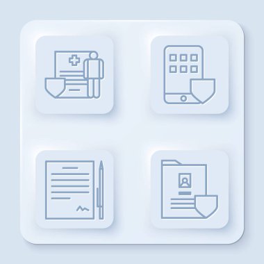 Tıbbi sicili, akıllı telefon sigortası, kalem sözleşmesi, kalkanla belge. Beyaz kare düğme. Vektör