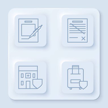 Satır boş defter ve kalem, dosya silme belgesi kalkan ve seyahat sigortalı hastane binası. Beyaz kare düğme. Vektör