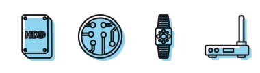 Smartwatch, Hdd, işlemci ve Router ve wi-fi sinyal simgesini ayarla. Vektör