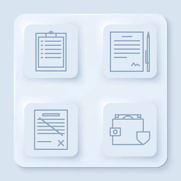 Set line Clipboard with checklist, Contract with pen, Delete file document and Wallet and money with shield. White square button. Vector — 스톡 벡터