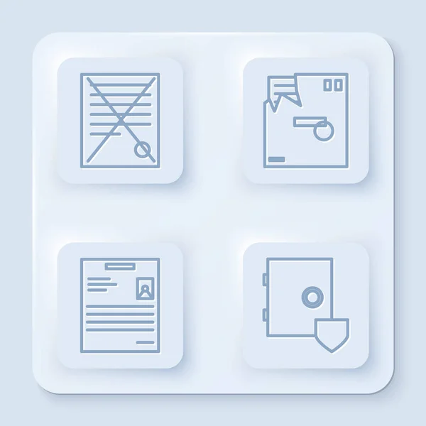 Set line Delete file document, Ordered envelope, Personal document and Safe with shield. White square button. Vector — 스톡 벡터