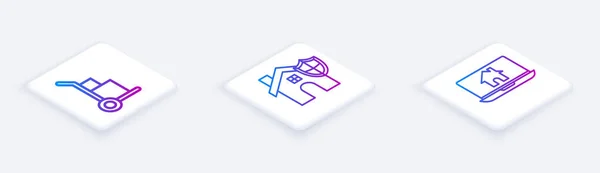 Set Isometric line Hand truck and boxes, House with shield and Laptop and smart home. White square button. Vector — 스톡 벡터