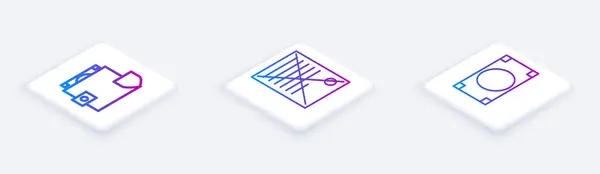 Set Isometric line Wallet and money with shield, Delete file document and Stacks paper money cash. White square button. Vector — 스톡 벡터