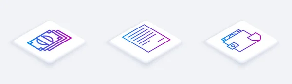 Set Isometric line Stacks paper money cash, Document and Wallet and money with shield. White square button. Vector — 스톡 벡터
