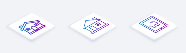 Impostare linea isometrica Casa, Casa e Tablet e casa intelligente. Pulsante quadrato bianco. Vettore — Vettoriale Stock
