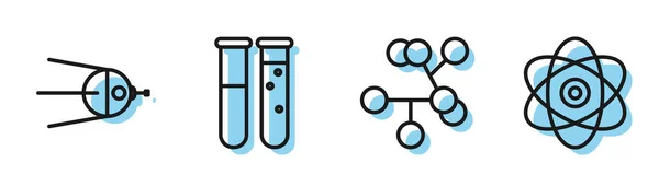 Definir linha Molécula, Satélite, tubo de ensaio e frasco laboratório químico e ícone Átomo. Vetor — Vetor de Stock