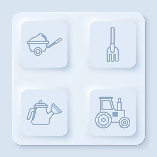 Set Schubkarre mit Schmutz, Gartenrechen, Gießkanne und Traktor. Weiße quadratische Taste. Vektor — Stockvektor