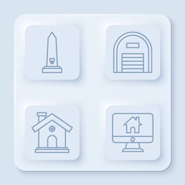 Washington anıtını, Depo 'yu, House' u ve Bilgisayar monitörlerini akıllı evlerle donatın. Beyaz kare düğme. Vektör