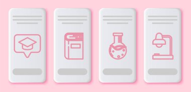 Konuşma baloncuğu, kitap, test tüpü ve matara kimya laboratuvarı ve masa lambasına mezuniyet bonesi koyun. Beyaz dikdörtgen düğme. Vektör