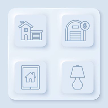 House 'u, Depo' yu dolar sembolü, Tablet 'i, akıllı evi ve masa lambasını ayarla. Beyaz kare düğme. Vektör