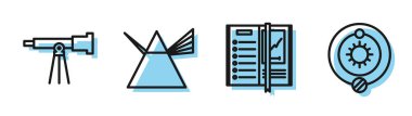 Satır Defteri, Teleskop, prizmada ışık ışınları ve güneş sistemi simgesini ayarla. Vektör